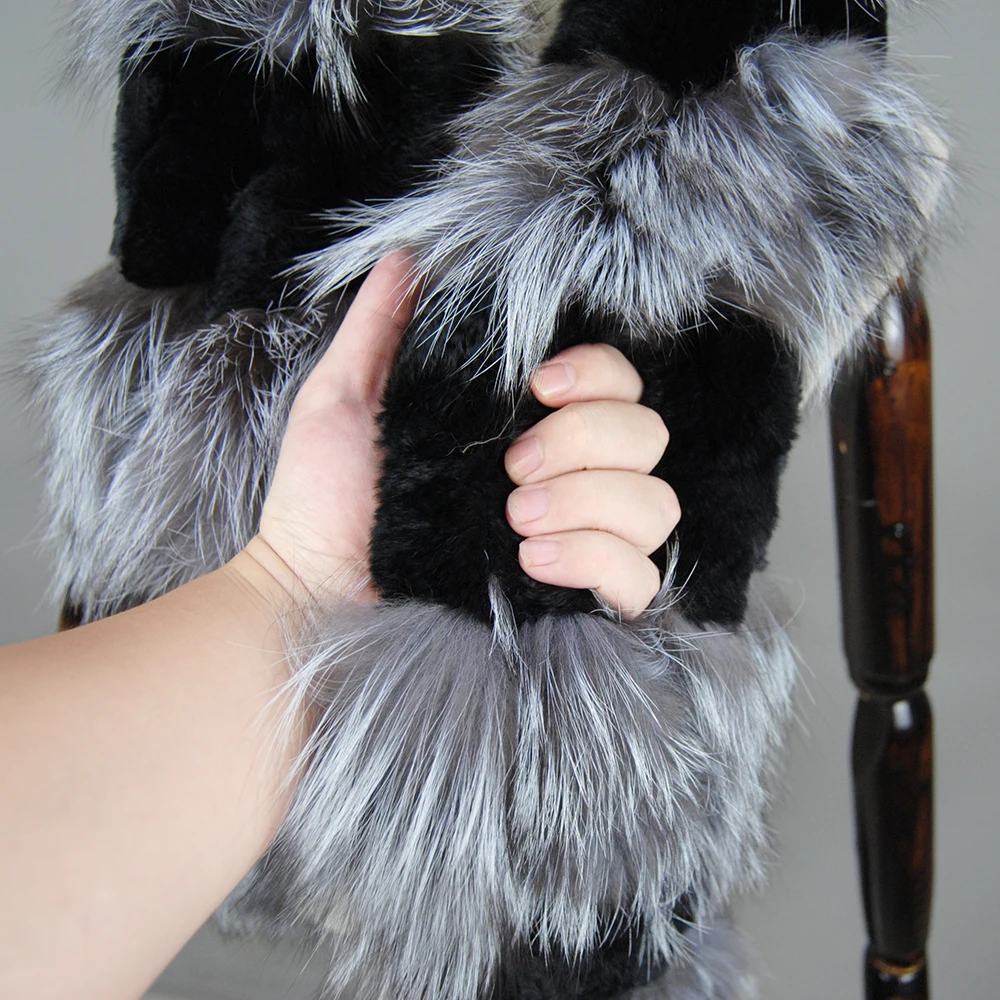 Зимний вязаный шарф из меха кролика рекс с серебряным лисьим мехом женские