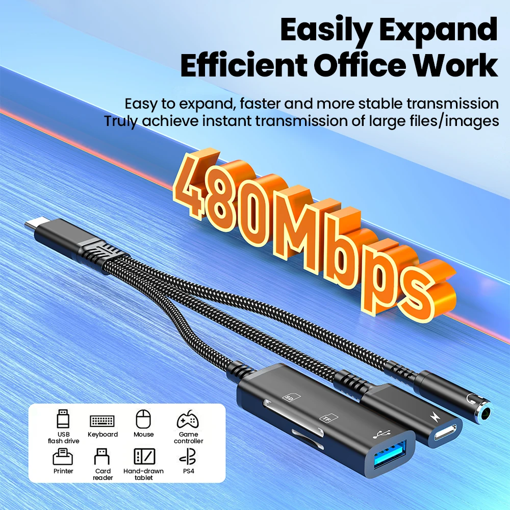 Фото Многофункциональный адаптер Type-C 5-в-1: зарядка Type-C/USB-C, 3,5 мм, кардридер SD/TF, USB 2.0. Высокоскоростной кабель-адаптер для iPhone 15, 16, Samsung. №1