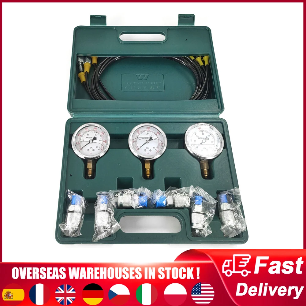 

Hydraulic Pressure Gauge Kit with 6 Test Couplings 3 Pressure Gauges 3 Test Hose Excavator Hydraulic Pressure Meauring Device