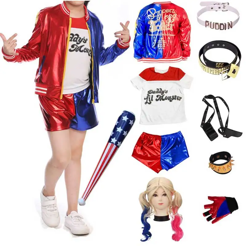 Костюмы для косплея самоубийц, школьная команда Харли, блестящая Квинн, куртка, брюки, браслет, пояс, ожерелье, перчатки, костюм на Хэллоуин