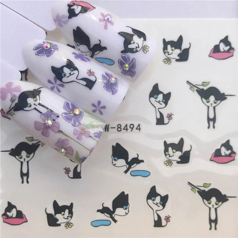 

Water transfer nail decals Cartoon animals black cat heart flowers leaves design DIY manicure accessories slider nail foil FW005