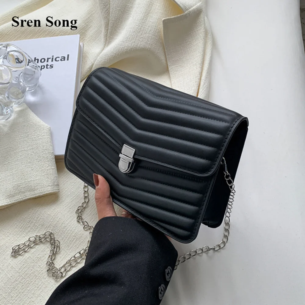 

New Chain Women Shoulder Bags 2022 New Simple Fashion Solid Color Messenger Bags Stripe Casual Elegant Bags Make Of Leather