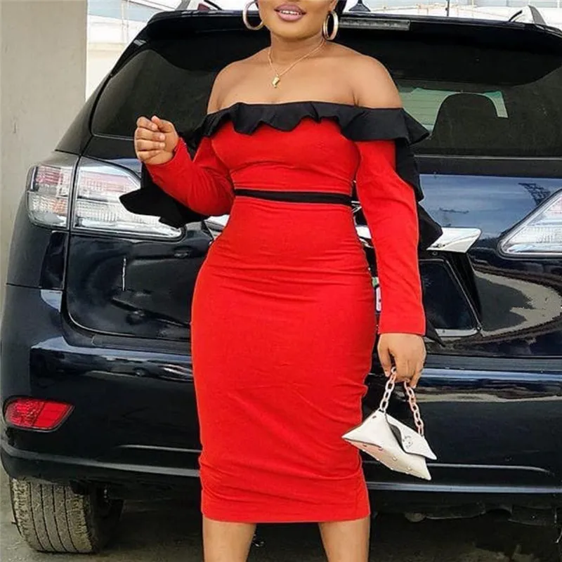 

Red Dress Women Tube Tops Ruffles Long Sleeves High Waist Bodycon Midi Night Elegant Evening Party Clubwear Dresses for Ladies