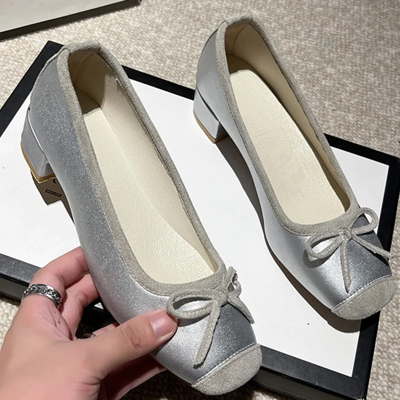 

Women Mid Heels Sandals Chunky Bow Bling Shoes 2023 Autumn Designer New Square Toe Casual Sexy Shoes Pumps Dress Mujer Loafers