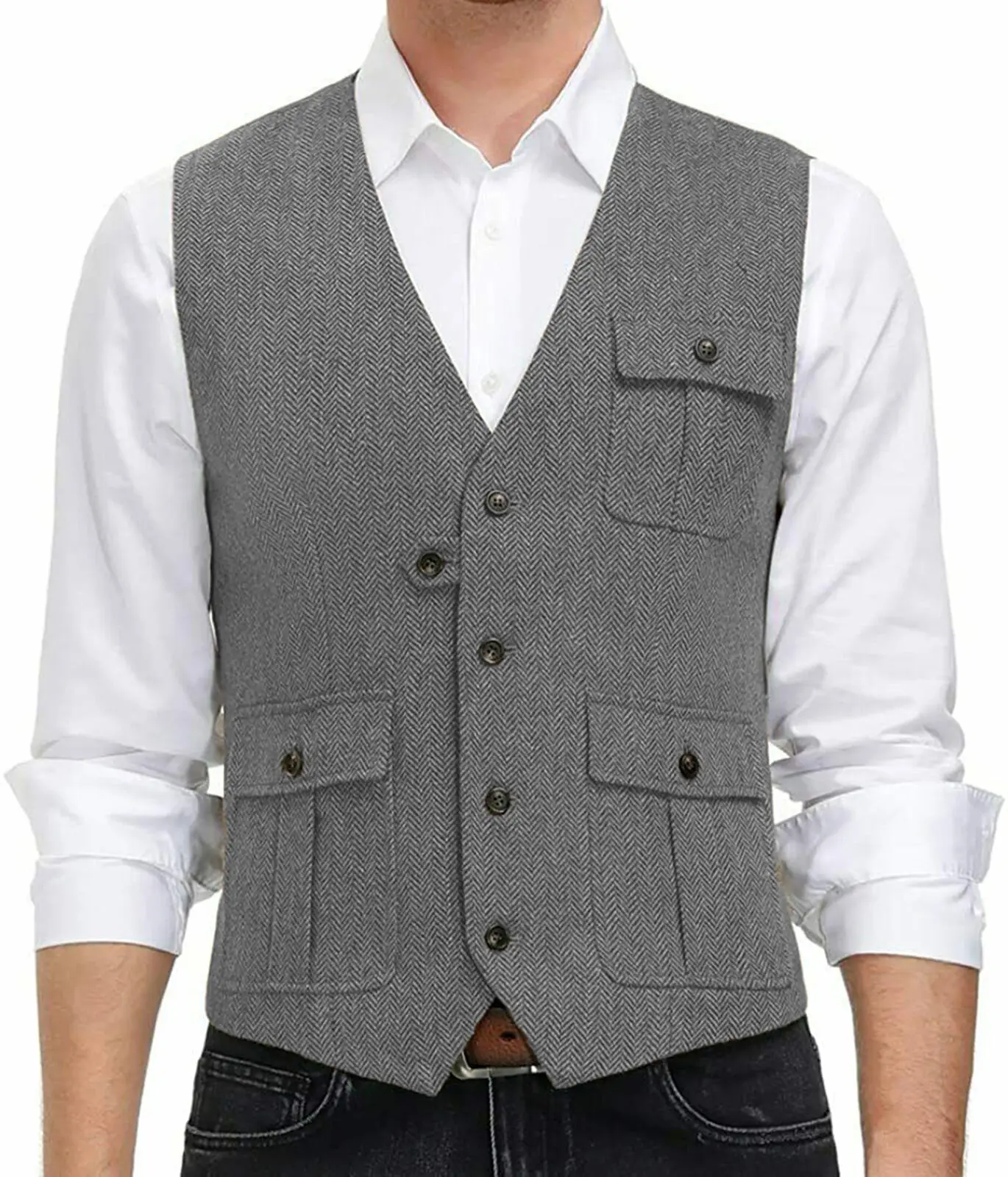 

Men's Suit Vest V-Neck 3 Pockets Retro Slim Sleeveless Jacket Herringbone Material Steampunk