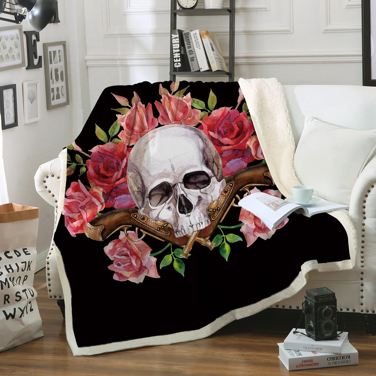 

3D Printed Skull Sherpa Fleece Blanket for Kids Boys Super Soft Fuzzy Wool Bed Couch Throw Blanket Microfiber Holiday Blanket