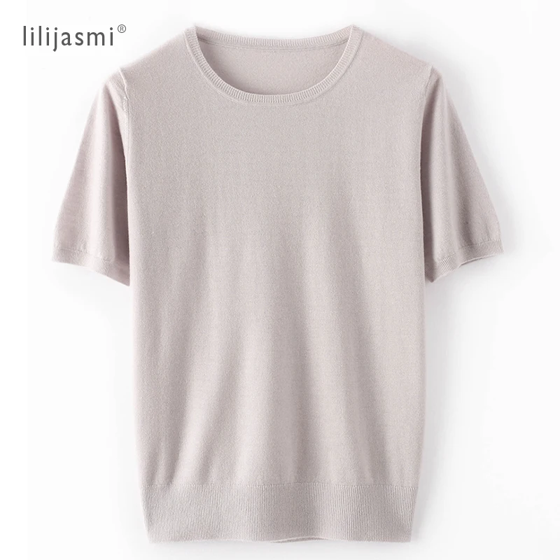 

Spring New Women Crew Neck 100% Merino Wool T-shirt 48Nm Worsted Superfine Yarn Knitting Thin Pullover Basic Tee Soft Smooth
