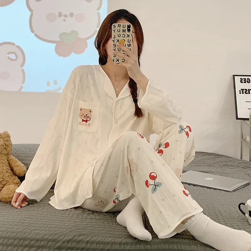 Yasuk Spring Autuum Fashion Women's Casual Sleepwear Homewear Lovely Sweet Girl Pajamas With Pants Soft Simple Bear Kawaii