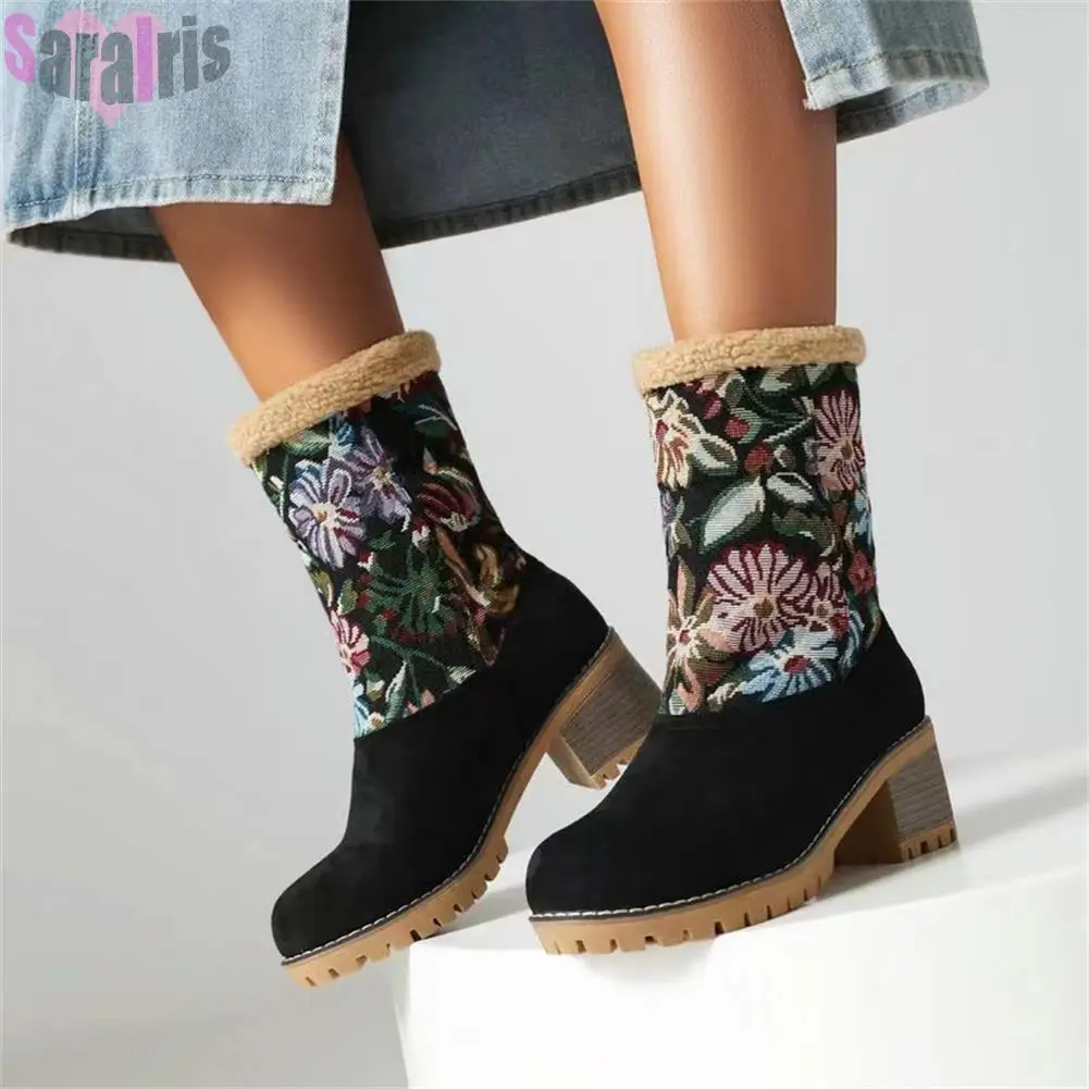 

Winter Warm Faux Fur Women's Ankle Boots Platform Block High Heels Embroider Plush Comfy Casual Ladies Shoes Short Snow Boots