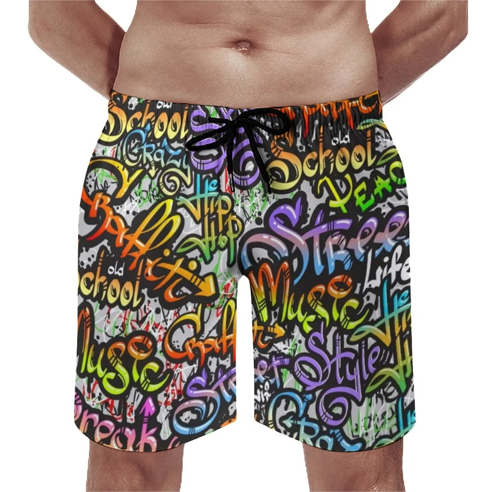 

Word Graffiti Street Art Board Shorts Letter Print Cute Board Short Pants Men's Graphic Sports Fitness Quick Dry Swimming Trunks
