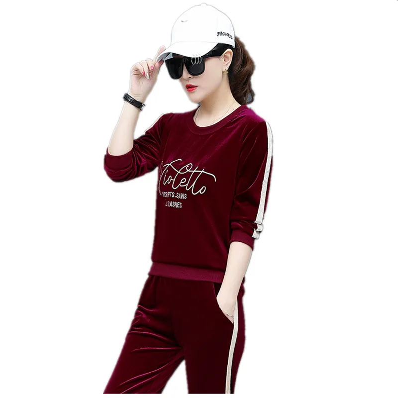 

Casual Two-piece set Women 2022 Autumn gold velvet sports suit female Loose size track suits women fashion Tops and pants tide