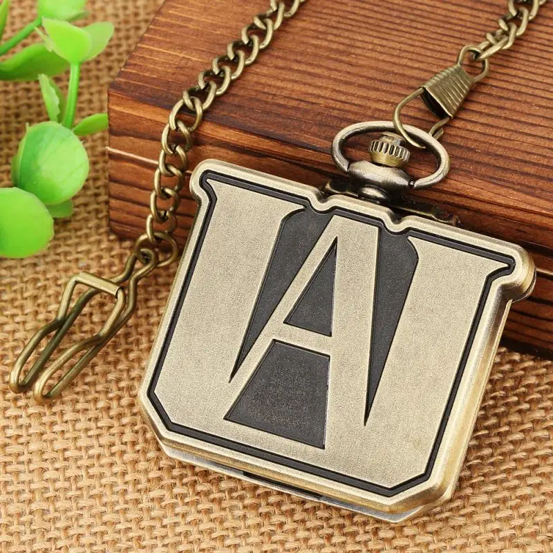 

Square Shaped Bronze My Hero Academia Anime Quartz Pocket Watch Alloy Metal Steampunk Men Watch with Chain Antique Clock Vintage