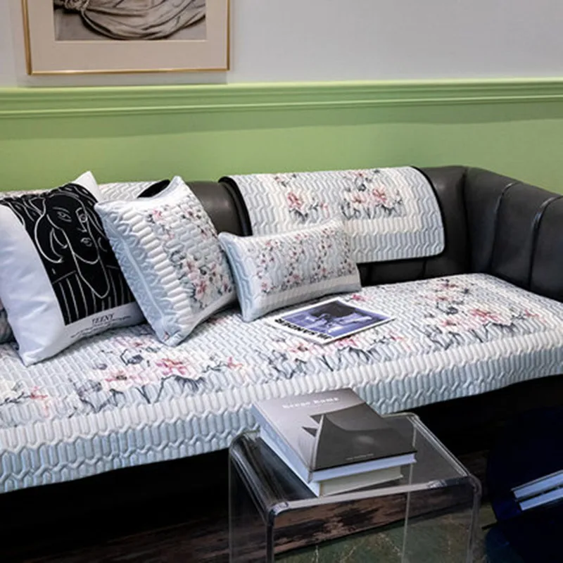 

Summer Sofa Cover Cushion Armrest Cushion Ice Silk Flower Pattern Sofa Cushion Living Room Children Pet Seat Protection Cushion