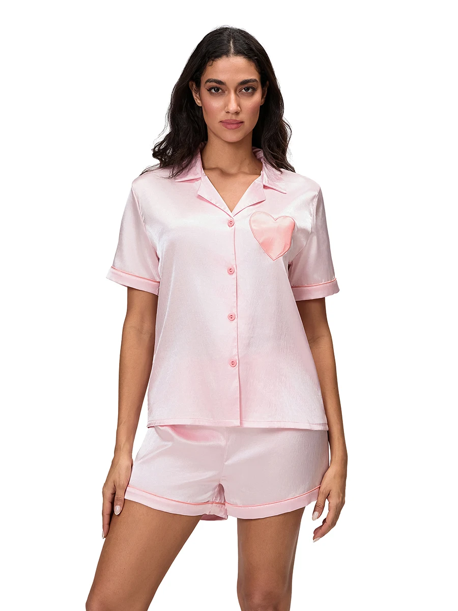 Женская атласная пижама из двух предметов футболка на пуговицах с принтом сердца