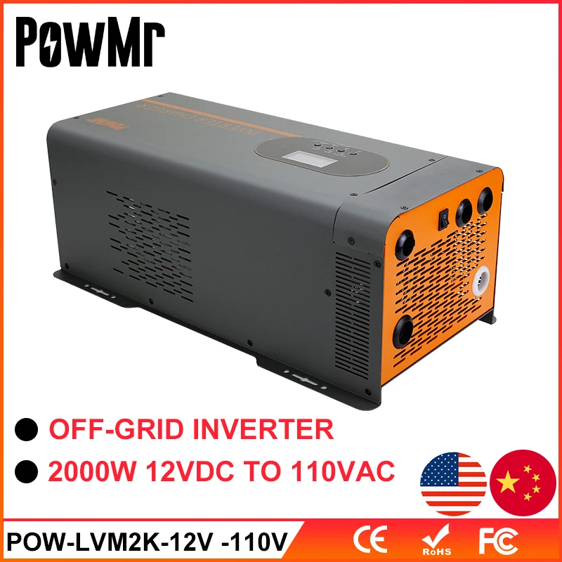 PowMr 2KW Solar Hybrid Inverter 12VDC To 110VAC Low Frequency Inverter Charger 2000W Pure Sine Wave Voltage Converter