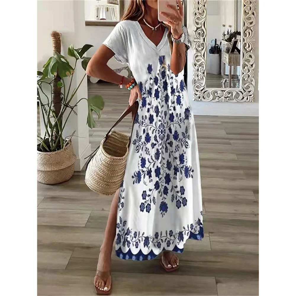 Купи Sexy Women Dress Summer Floral Print Short Sleeve Maxi Dress Vestidos Lady Casual Loose Vintage Dresses Oversized 2022 за 613 рублей в магазине AliExpress