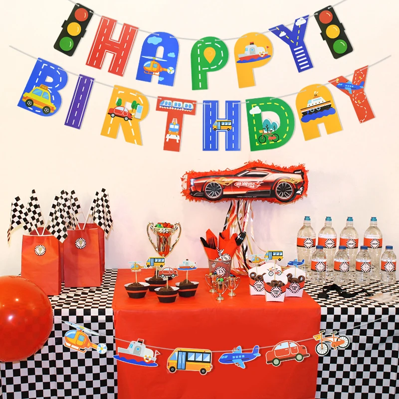 Баннер с днем рождения самолет автомобиль корабль флаг светофор баннер детский