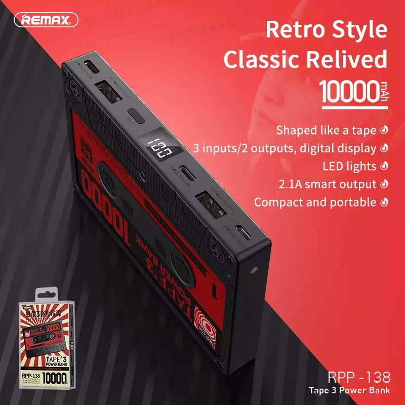 

NEW2023 Remax 10000mAh Power Bank with Digital Display 2.1A Fast Charge Portable Mini Battery Retro Tape Design for Apple Xiaomi