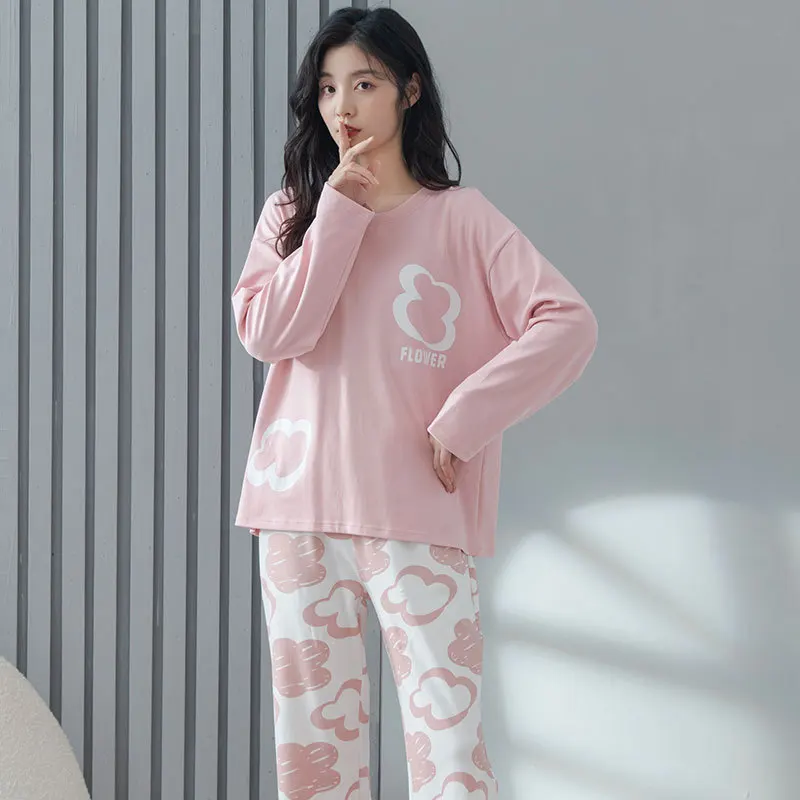 Yasuk Spring Autumn Fashion Women's Casual Lovely Flower Cotton Pocket Sleepwear Homewear Simple Pajamas Set With Pants Sweet