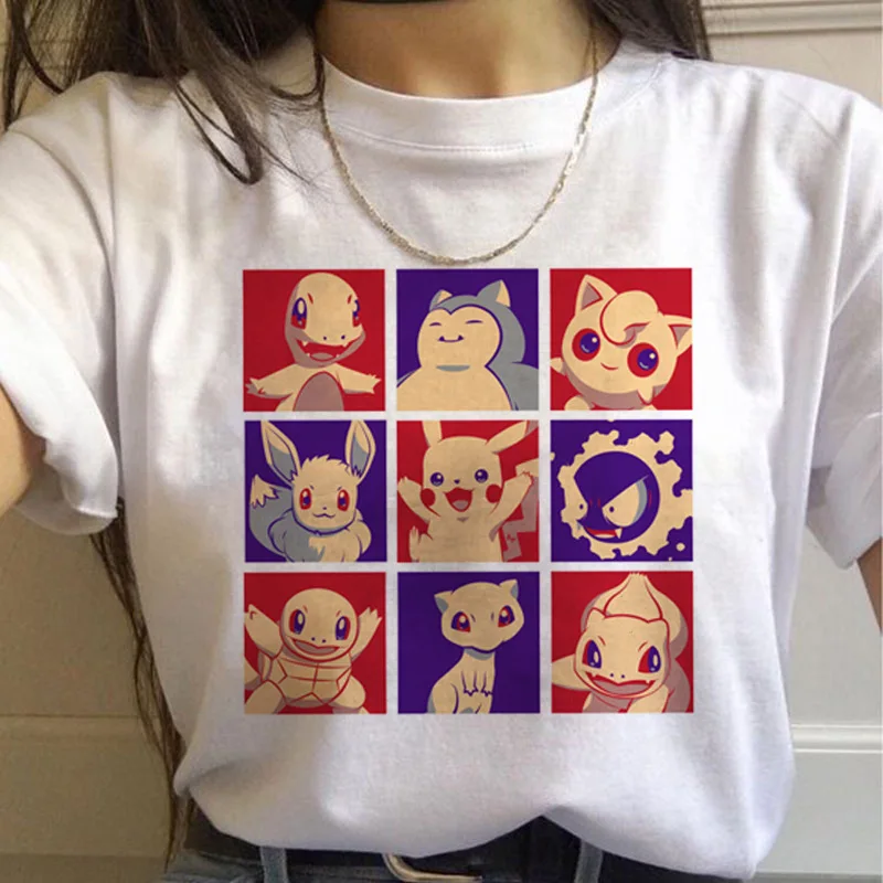 

Pokemon Short T-shirts for Women 2021 Summer New Cute Anime Cartoon Pikachu Graphic Tee Girls Clothing Tops Female White O-neck