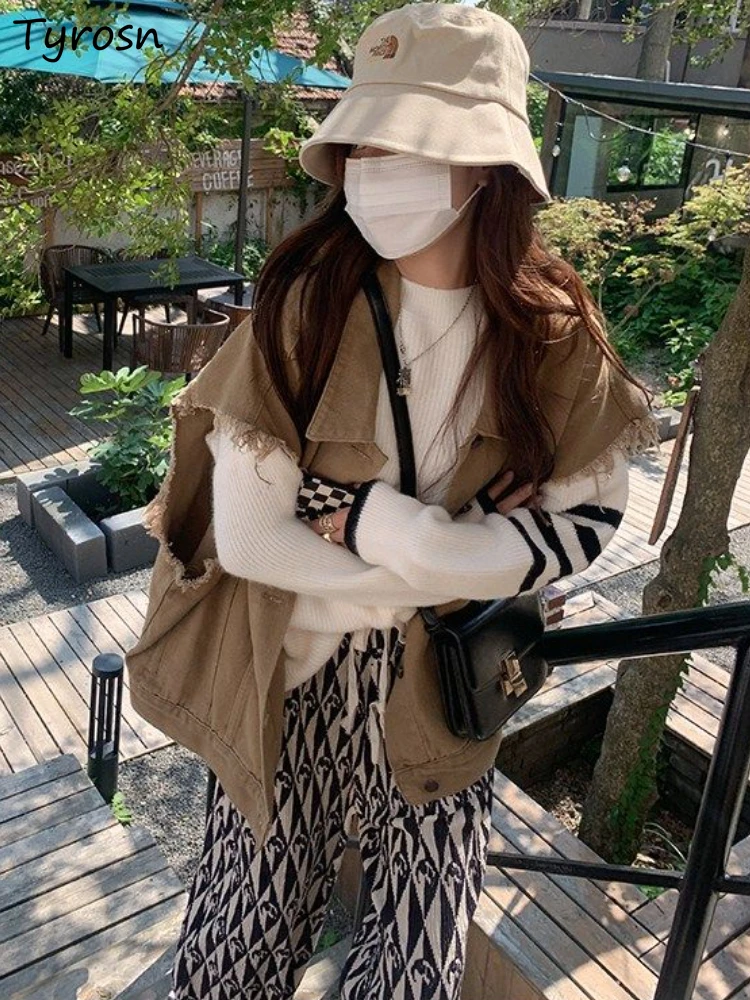 

Женский джинсовый жилет, повседневный Универсальный Свободный жилет цвета хаки в стиле ретро, базовая Повседневная Уличная одежда с кисточ...