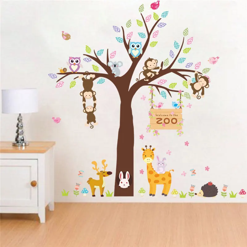 

Zoo Animal Big Tree Wall Stickers For Kids Room Kindergarten Home Decorations Cartoon Owl Monkey Giraffe Safari Mural Art Decal