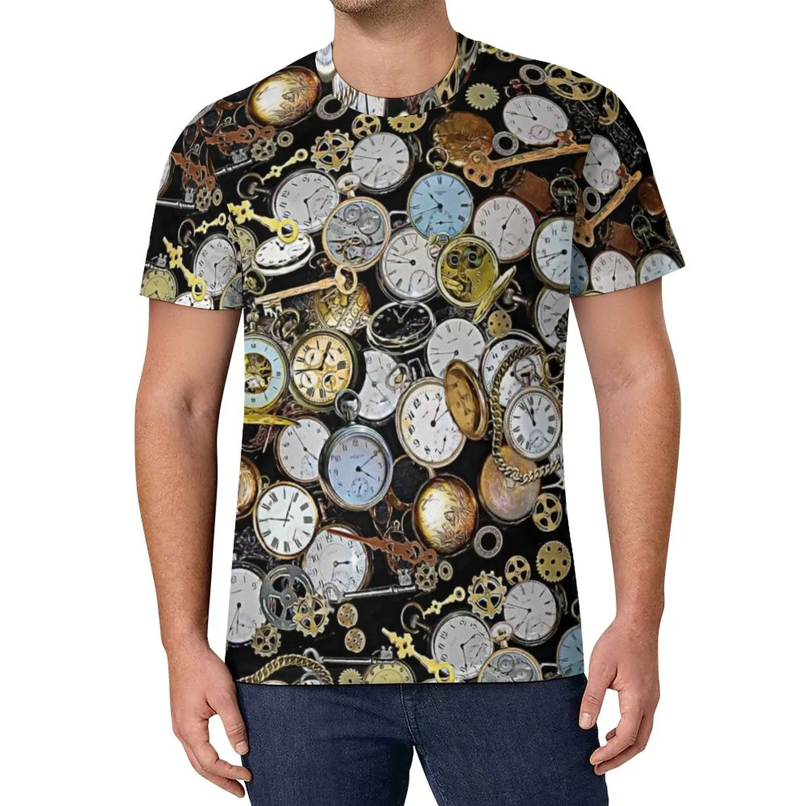 

Steampunk Themed Pocket T-Shirt Men Watches Gears Clocks Retro Street Style T Shirts Summer Fashion Tee Shirt Graphic Plus Size