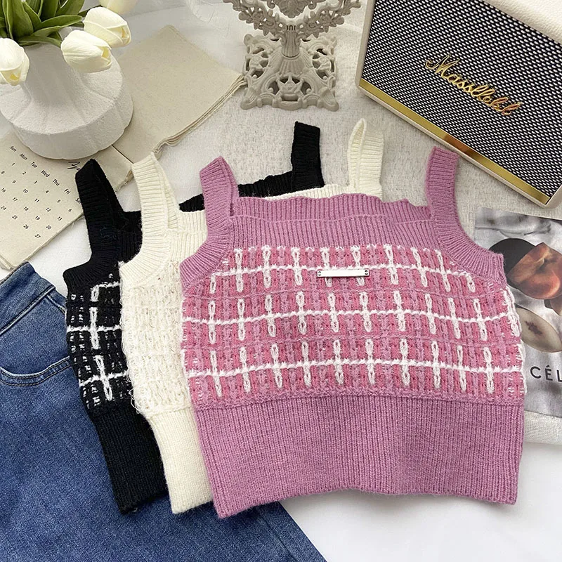 

French Chic Striped Colorblock Tank Woman Knitting Ins Sleeveless Tanks Women Off Shoulder Crop Top Mujer Clothes Dropshipping