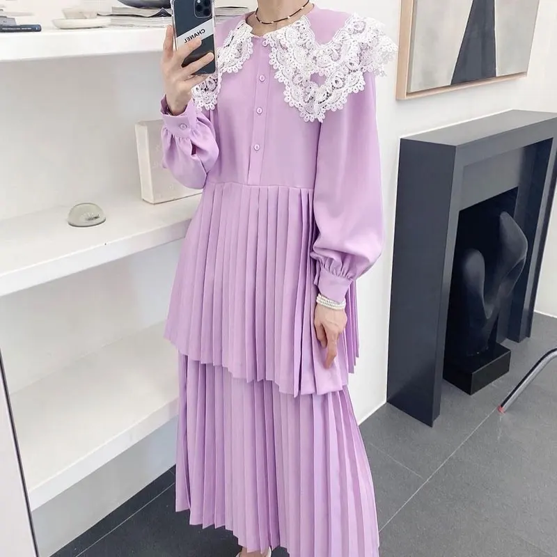 

SuperAen Korea Chic Autumn Retro Temperament Big Lapel Stitching Lace Lantern Sleeve Double Pleated Dress Female