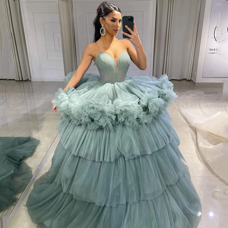 

Fairy Tale Very Puffy Tiered Tulle Maxi Dresses Women To Event Party Lush Ruffles Long Tulle Prom Gowns Lace Up Mesh Robe