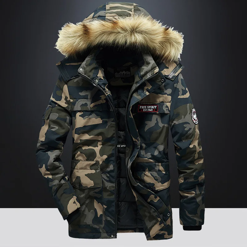 For 2023 Winter Military Cargo Zip Up Camouflage Jacket Men Thick Warm Parkas Fur Hooded Clothes Fashion Oversize 4XL 5XL Coat