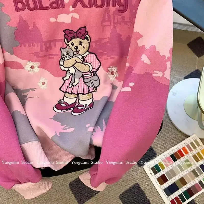 Розовые толстовки с принтом кота и медведя женские круглым вырезом длинными