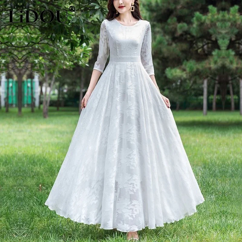 

Spring Summer Women's Temperament Mesh Patchwork Maxi Dress Lady 3/4 Sleeve Waist Robe Femme Elegant Fashion Vestidos De Fiesta