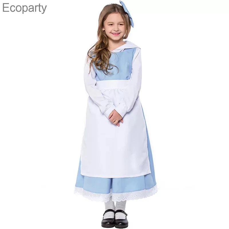 

Костюм горничной белого и синего цвета для девочек-подростков на Хэллоуин, красивая и чудовище, красивая принцесса Белль, Алиса, фартук, иск...