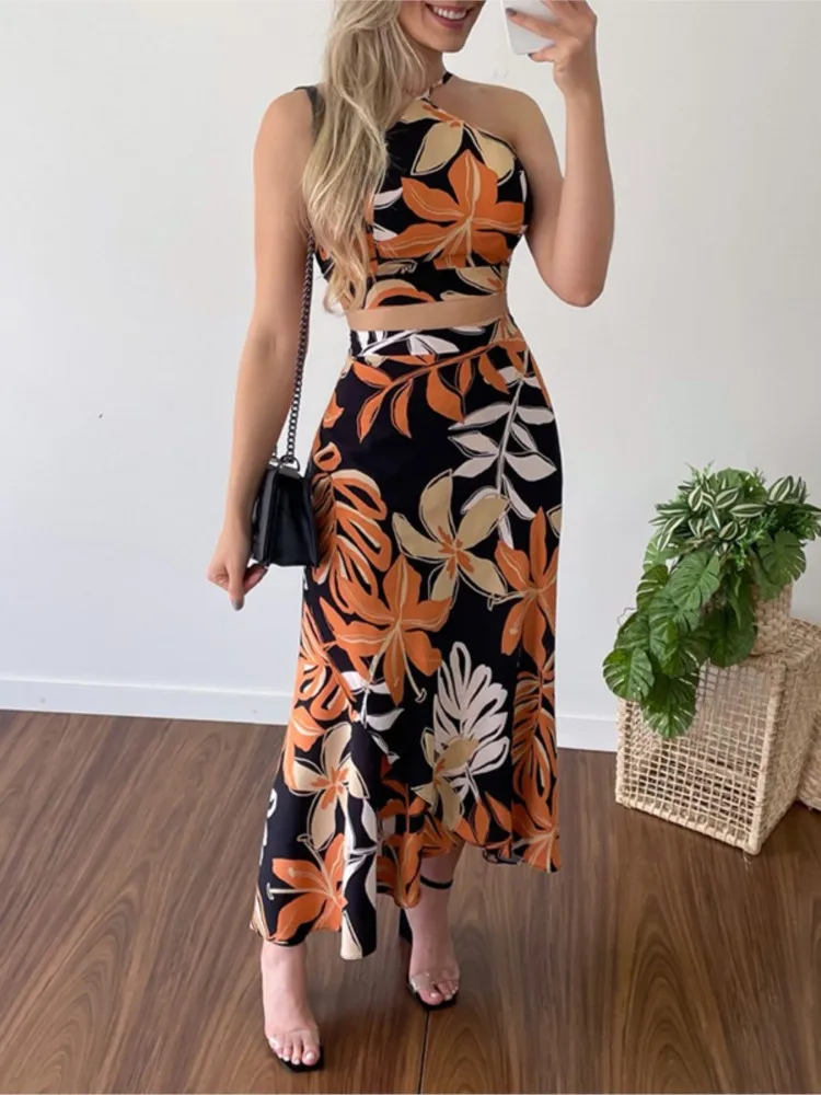 

Tropical Print Two Piece Sets Women Outifits 2023 Summer New Fashion Sexy Sleeveless Cami Top & Casual Long Skirt Set