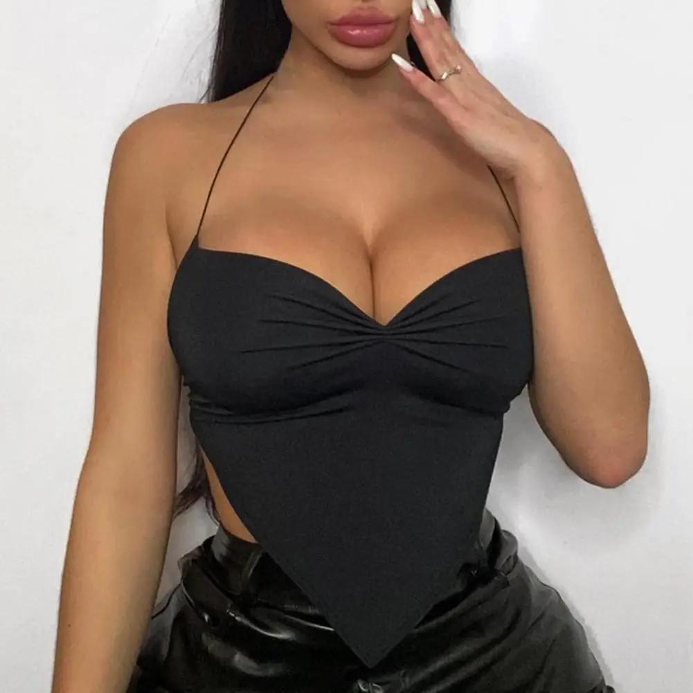 

Strappy Halterneck Vest Women Top V Neck Slim Black Silk Irregular Tank Top Bottom Triangle Durable Bandage Sleeveless Camisole