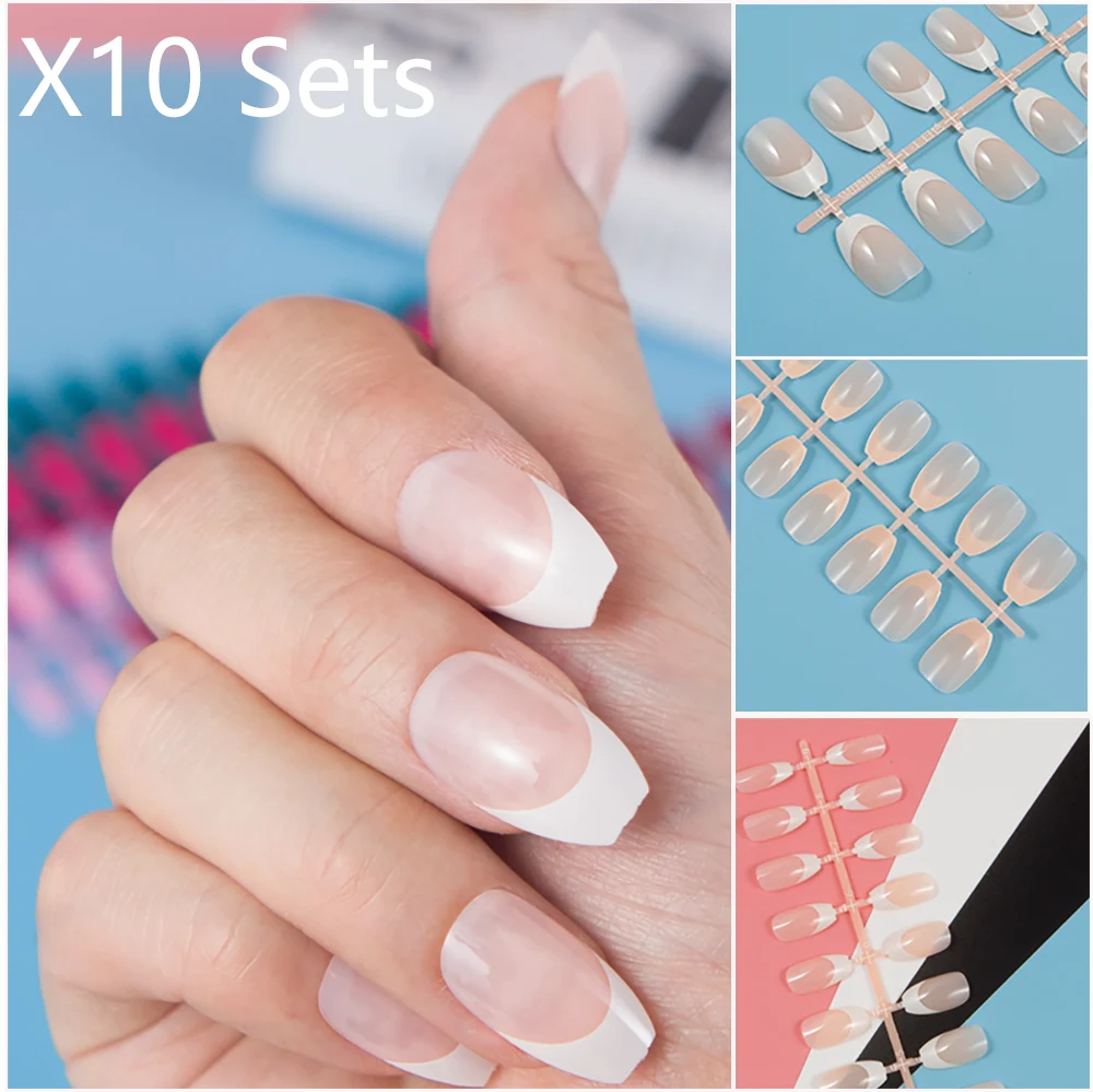 

10 Sets/Lot Short French Style Coffin Ballerina False Nail Press on Fake Nail UV Coat Duable Nail Tips Full Cover Nails