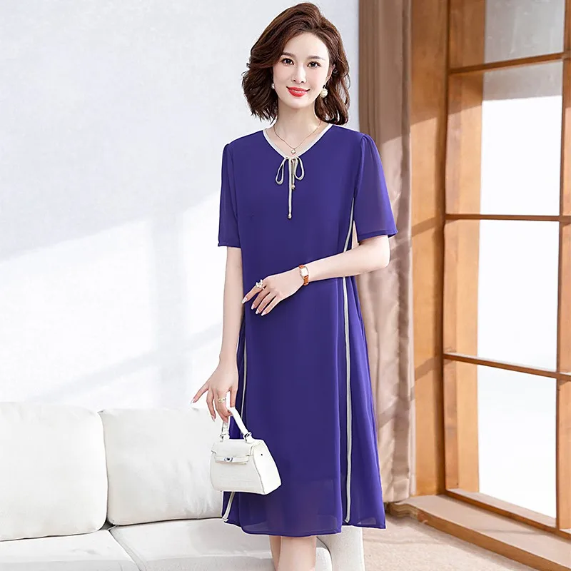 

Vintage Fashion Solid Color Chiffon Dress 2023 Summer Short Sleeve O-Neck Loose Pullover Midi Dress Women's Clothing