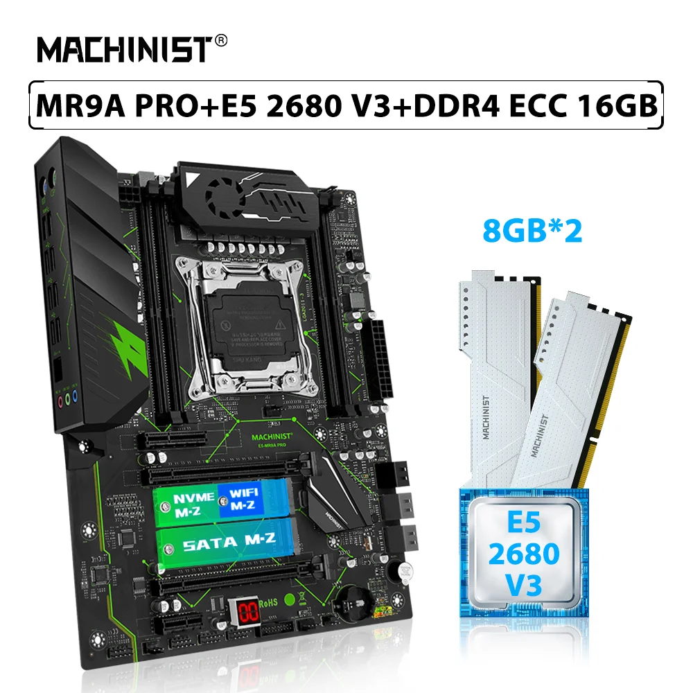 

MACHINIST MR9A PRO X99 комплект материнской платы LGA 2011-3 комплект Xeon E5 2680 V3 процессор ЦП 2 шт. * 8 ГБ = 16 Гб ECC DDR4 Память ОЗУ NVME SSD