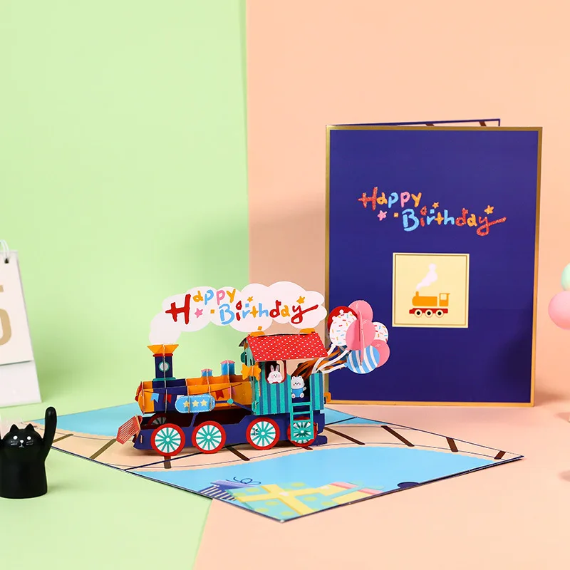 

Train New Happy Birthday Wishes 3D Three-Dimensional Greeting Card Paper Carving Creative Message Small Card Postcard