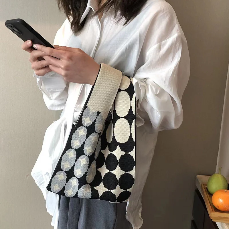 

Fashion Plaid Polka Dot Pattern Knitting Tote Korean Woven Handbag Women Wrist Bag Reusable Eco Shopping Bag Grocery Storage Bag