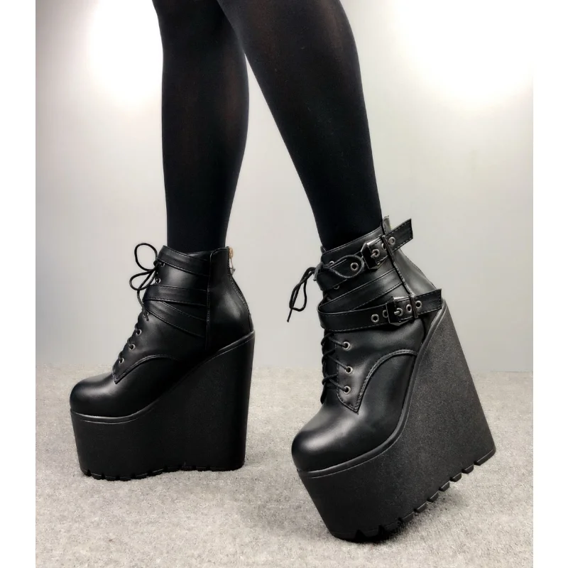 

16CM Wedges Ankle Boots White Black Rubber Sole Shoes Platform Boots Women Lacing Autumn Platform Heels Shoes Heel