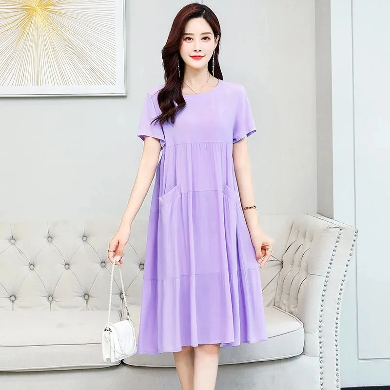 

Middle aged Women's Solid color Dress 2023 Summer New Short sleeved Round neck Cotton Dress Fashion Temperament Women's Clothing