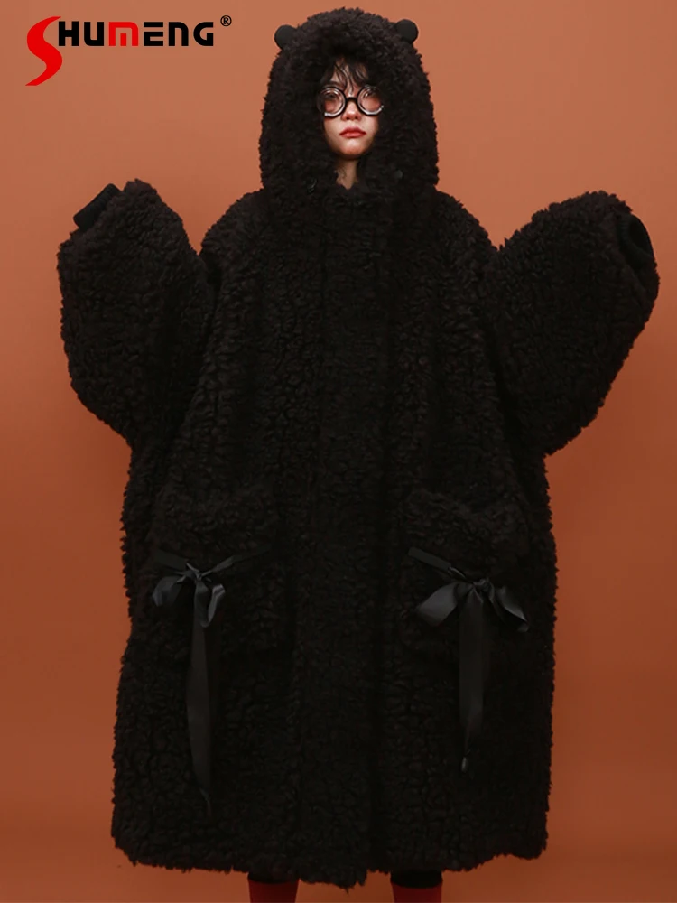 

Оригинальное зимнее утолщенное длинное пушистое пальто с черным бантом из овечьей шерсти с хлопковой подкладкой, женская теплая Женская плюшевая куртка средней длины с медведем и ушками