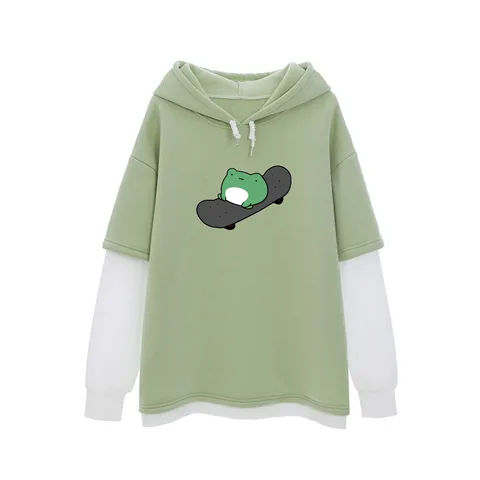 Kawaii Skateboard Frog Hoodie Color Block Sweatshirt Oversized Women Hoodies Harajuku Warm Pullover Hooded Tops Cute Clothes