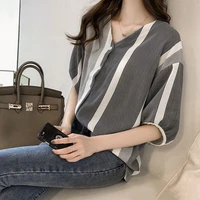 fashion v neck spliced half sleeve oversized casual chiffon shirt 2022 summer new commute tops loose korean womens blouse