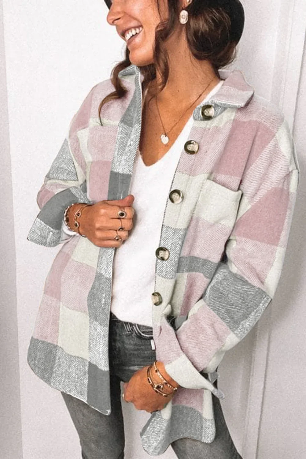 Autumn/winter Plaid Women's Shirt Jacket Casual Style Pocket