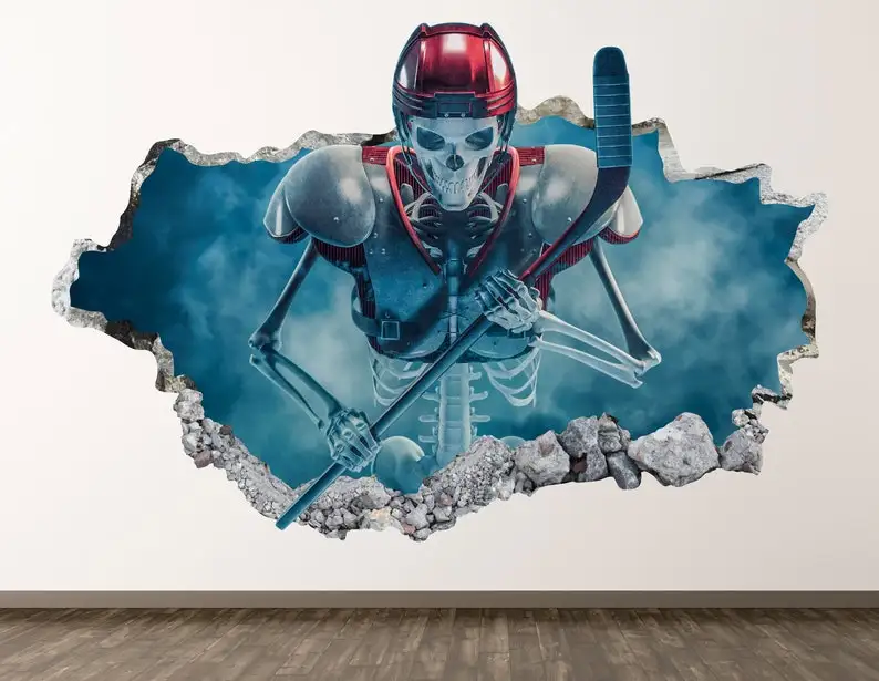 

Hockey Wall Decal - Skeleton 3D Smashed Wall Art Sticker Kids Room Decor Vinyl Home Poster Custom Gift KD762