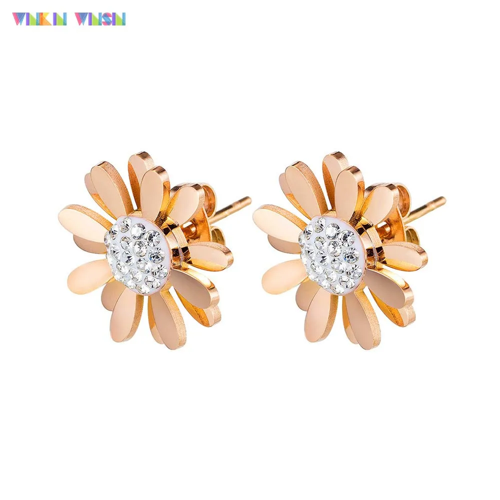 

WinkinWinsin Brand K Series Sweety Style Daisy Stud Earrings Rose Gold Plated Women Eardrop Earrings Women Titanium Stud Earring