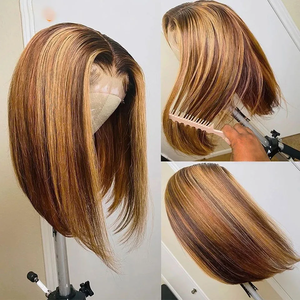 

Highlight Full Lace Wig Blunt Cut Bob Wig Short Pixie Cut Human Hair Wig 13x4 Honey Blonde Lace Front Wigs Brazilian For Women